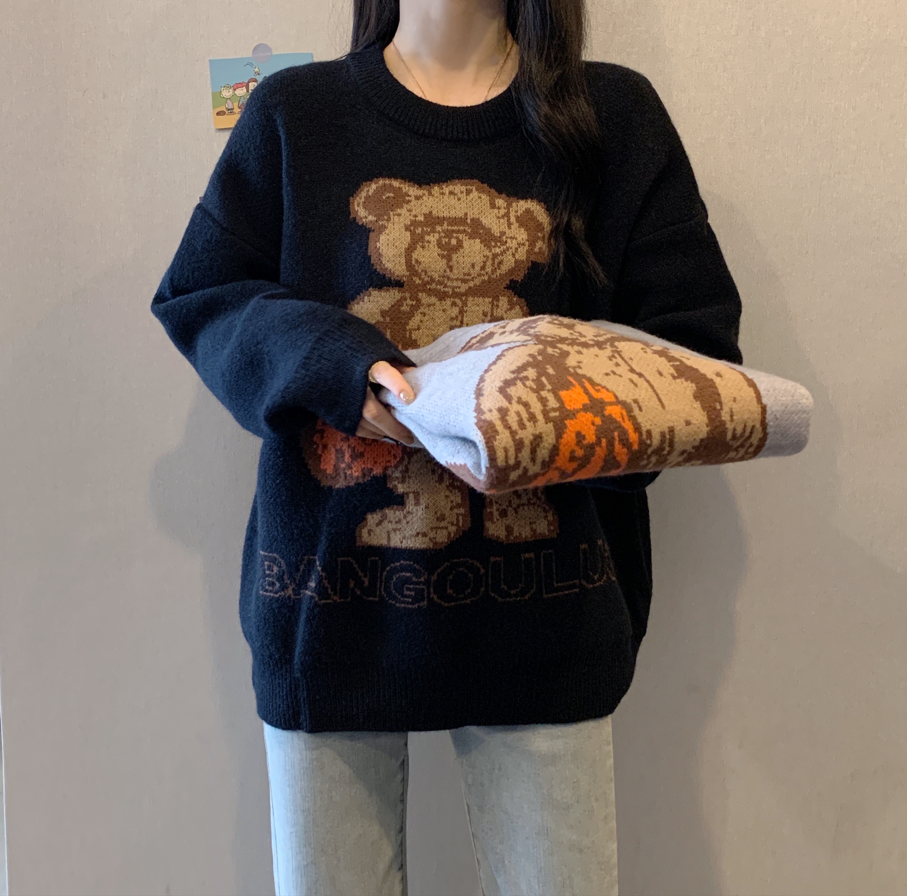 實拍韓版小熊毛衣女2023秋冬新款寬鬆套頭潮牌軟糯慵懶風針織上衣