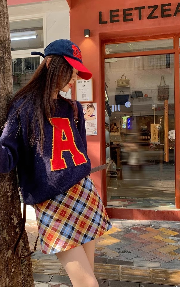 美式復古M字母套頭毛衣女秋裝2023新款長袖慵懶風圓領針織衫上衣