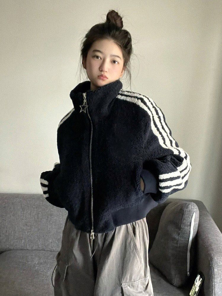 立領加厚短款棉服外套女冬季2023新款美式復古寬鬆百搭上衣
