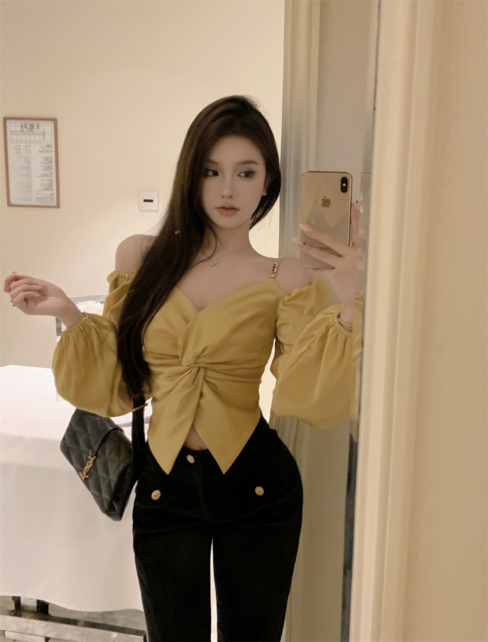 實拍設計感氣質V領露肩打結燈籠袖襯衫+高腰微喇設計感修身長褲