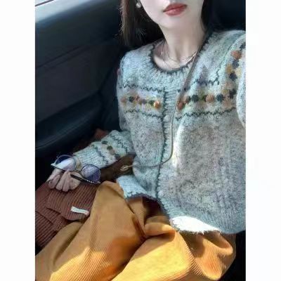 高級感超好看毛衣女秋冬刺繡上衣慵懶風軟糯外套灰色針織開衫外穿