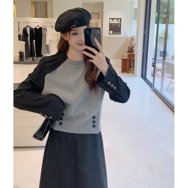 大碼女裝胖mm顯瘦長袖撞色上衣2023新款秋季新款高級感