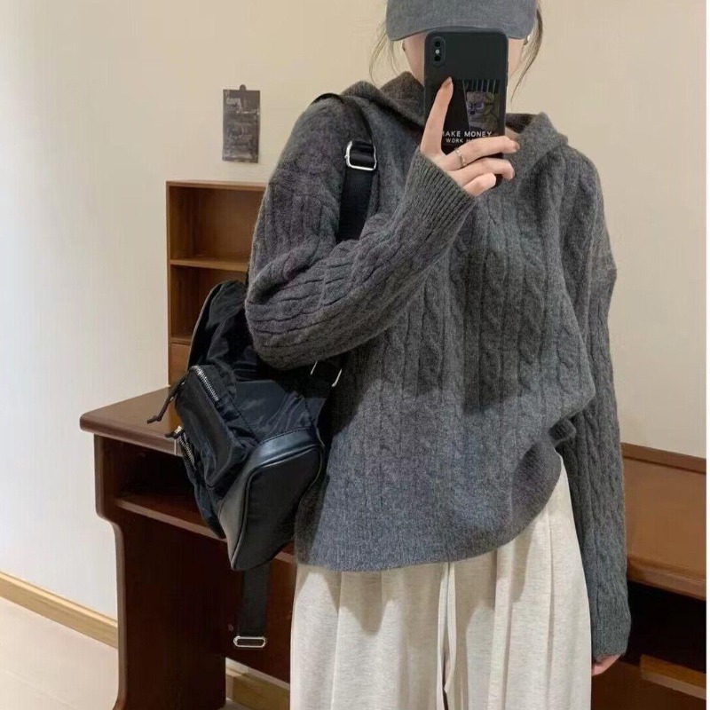 2023韓版秋冬新款復古麻花連帽套頭毛衣女百搭加厚針織衫打底上衣
