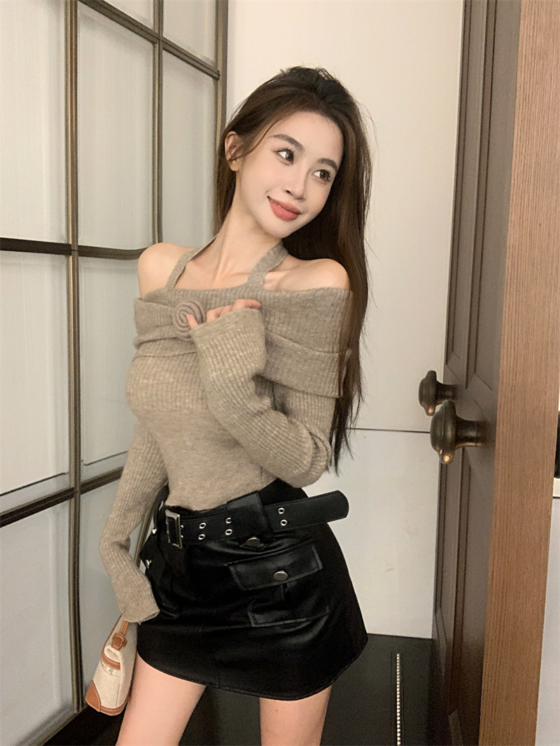 實拍  一字肩掛脖針織衫女秋冬長袖毛衣內搭立體花朵打底衫