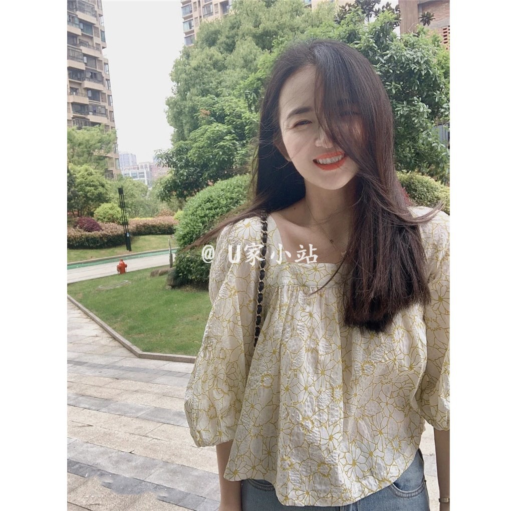 秋季2023新款方領碎花七分袖雪紡衫女法式短款娃娃衫很仙上衣春裝