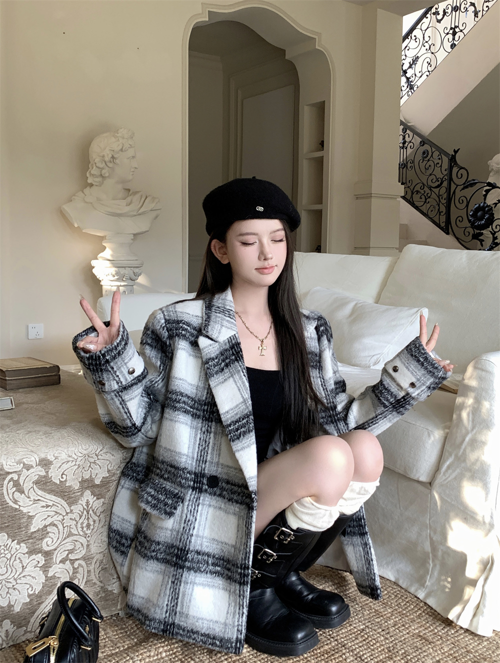 實拍秋冬新款加厚氣質減齡休閒時尚韓版復古寬鬆格紋西裝毛呢外套