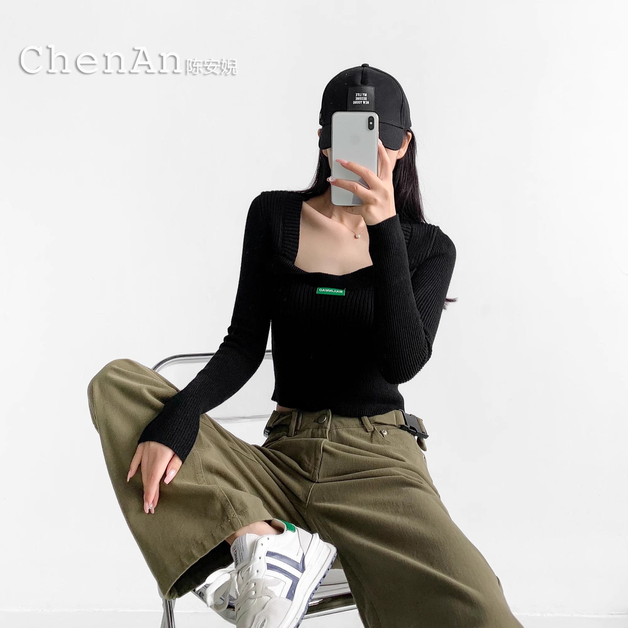 美式街頭辣妹風方領針織毛衣女修身顯瘦短款露臍小眾別致打底上衣