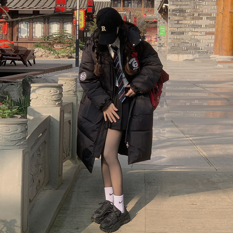 實拍畫解新款WAHJUIS女學生黑色棉服ins過膝中長款羽絨服棉衣外套