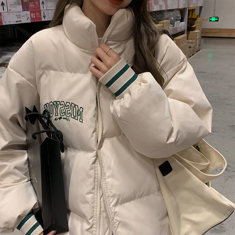 學院風短款立領麵包服新款冬韓版羽絨服寬鬆棉襖加厚棉衣