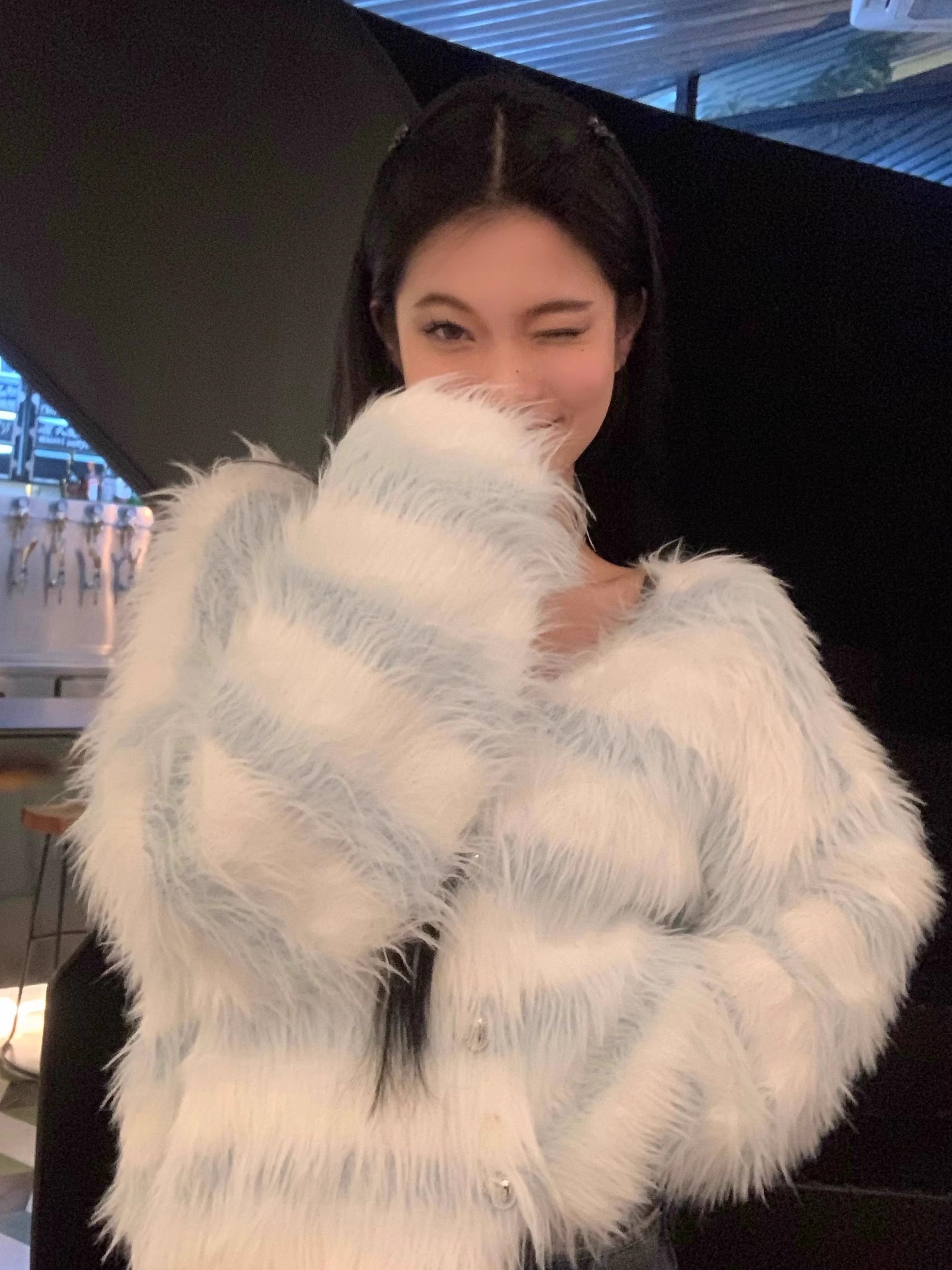 短款溫柔風條紋毛衣開衫女春秋季仿水貂毛軟糯寬鬆V領針織外套