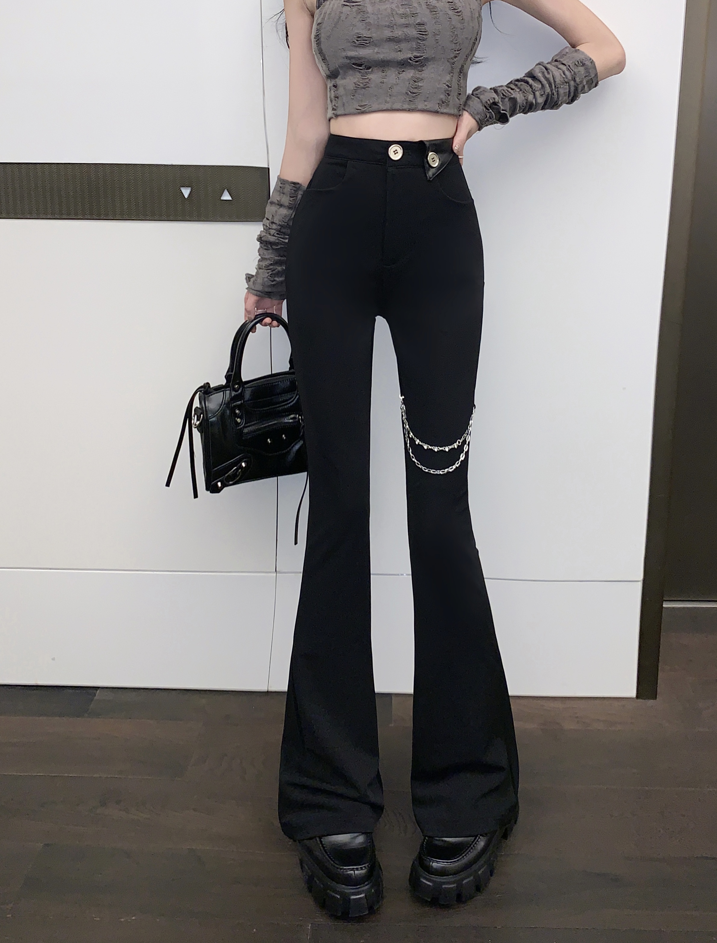 實拍~高級設計感鏈條微喇馬蹄褲女辣妹高腰潮流喇叭褲潮褲