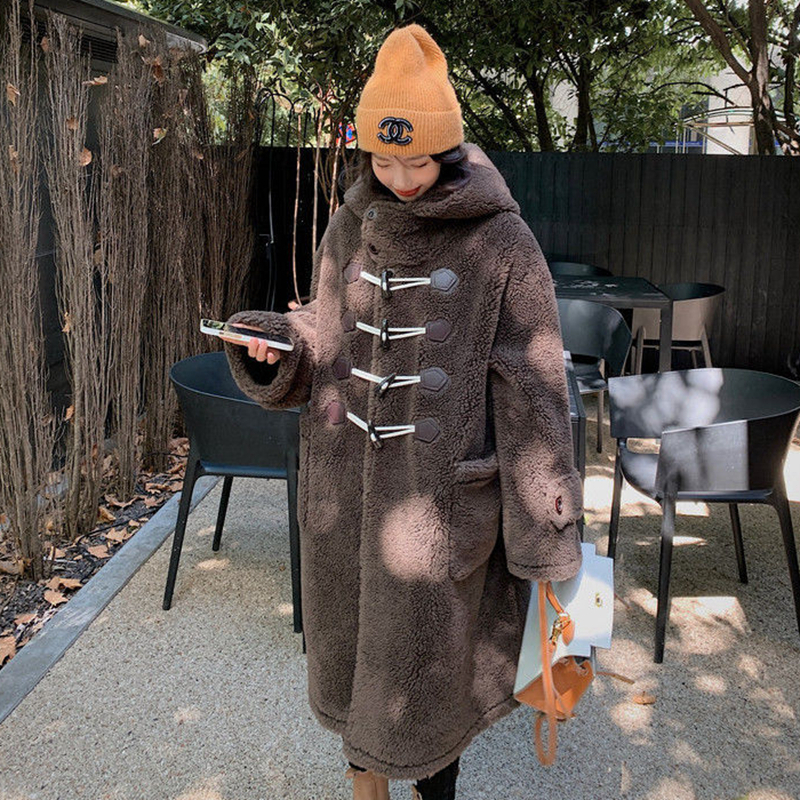 牛角扣顆粒連帽大衣女2023秋冬季新款設計感小眾寬鬆加厚長款外套