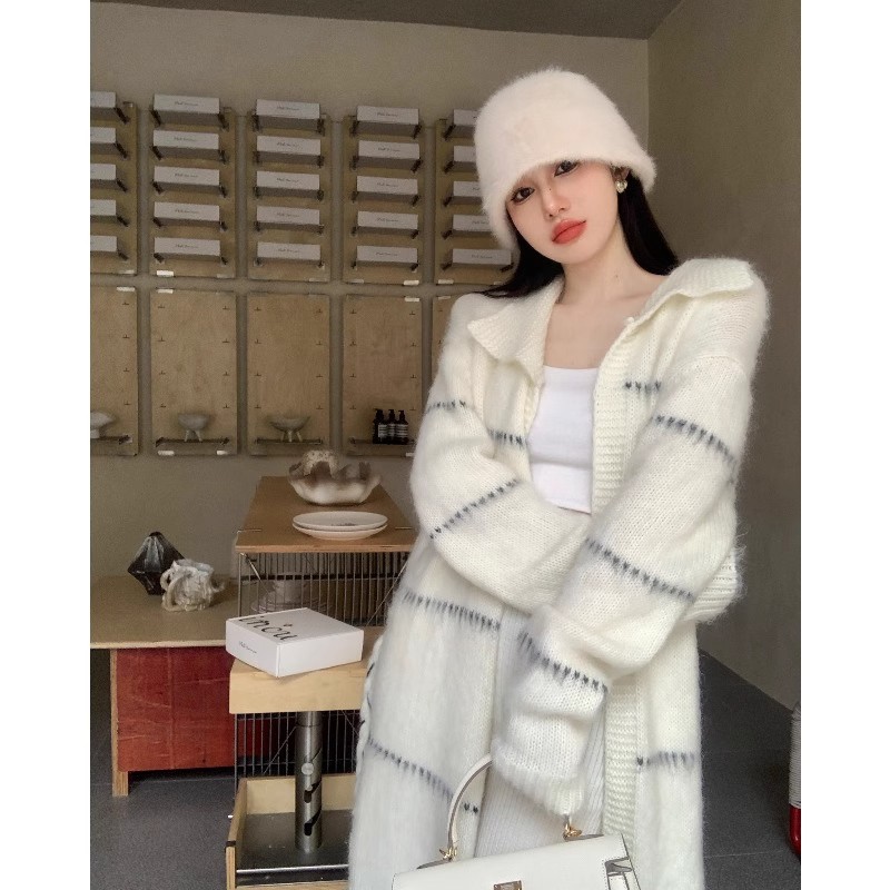 韓系毛衣外套女翻領名媛風氣質御姐范高級感oversize加厚針織開衫