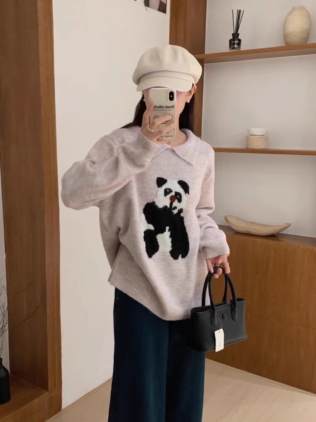 卡通小熊提花翻領套頭毛衣女秋冬新款寬鬆軟糯慵懶風百搭針織衫