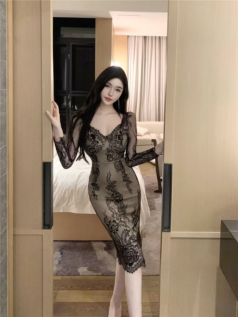 實拍新款韓版氣質V領修身顯瘦包臀連衣裙性感女人味蕾絲裙子女