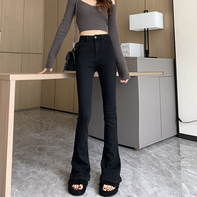 黑色高腰微喇牛仔褲女秋季2023新款彈力修身顯瘦拖地馬蹄褲