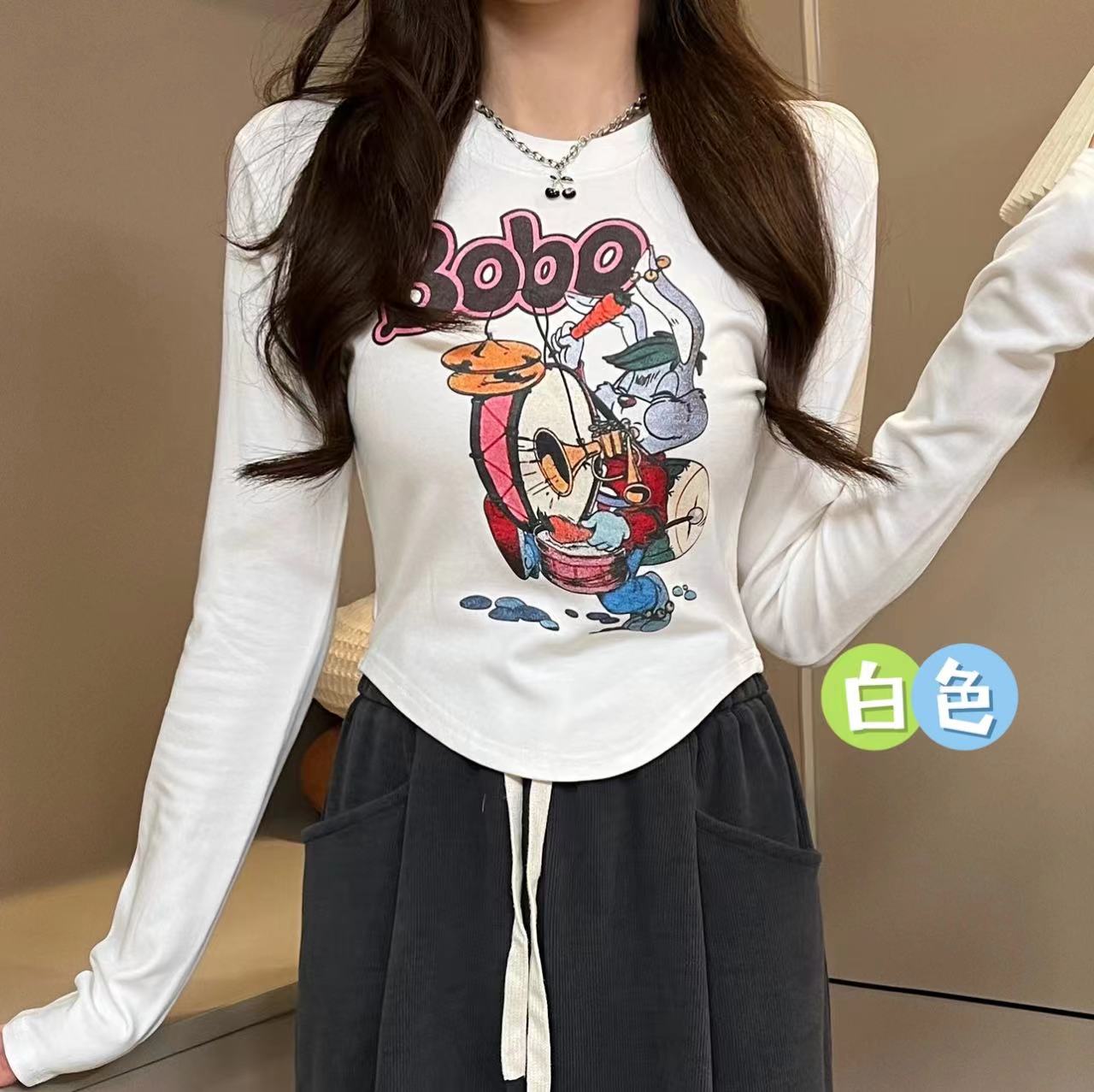 短款長袖T恤女2023冬新款減齡撞色圓領字母卡通兔百搭修身打底衫