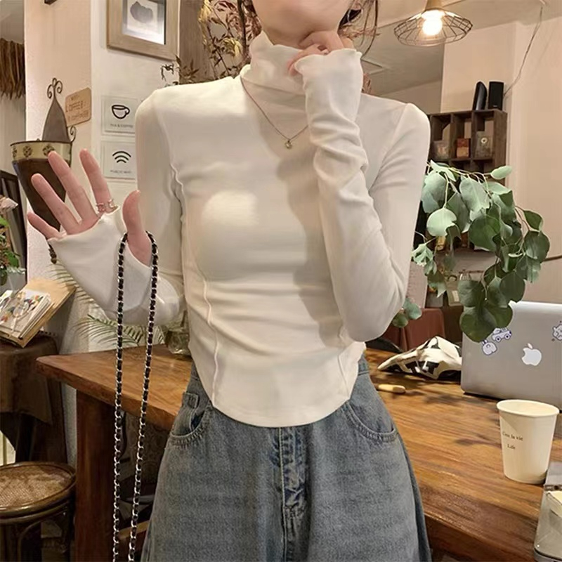 德絨 白色修身T恤女長袖高齡打底衫秋冬季內搭