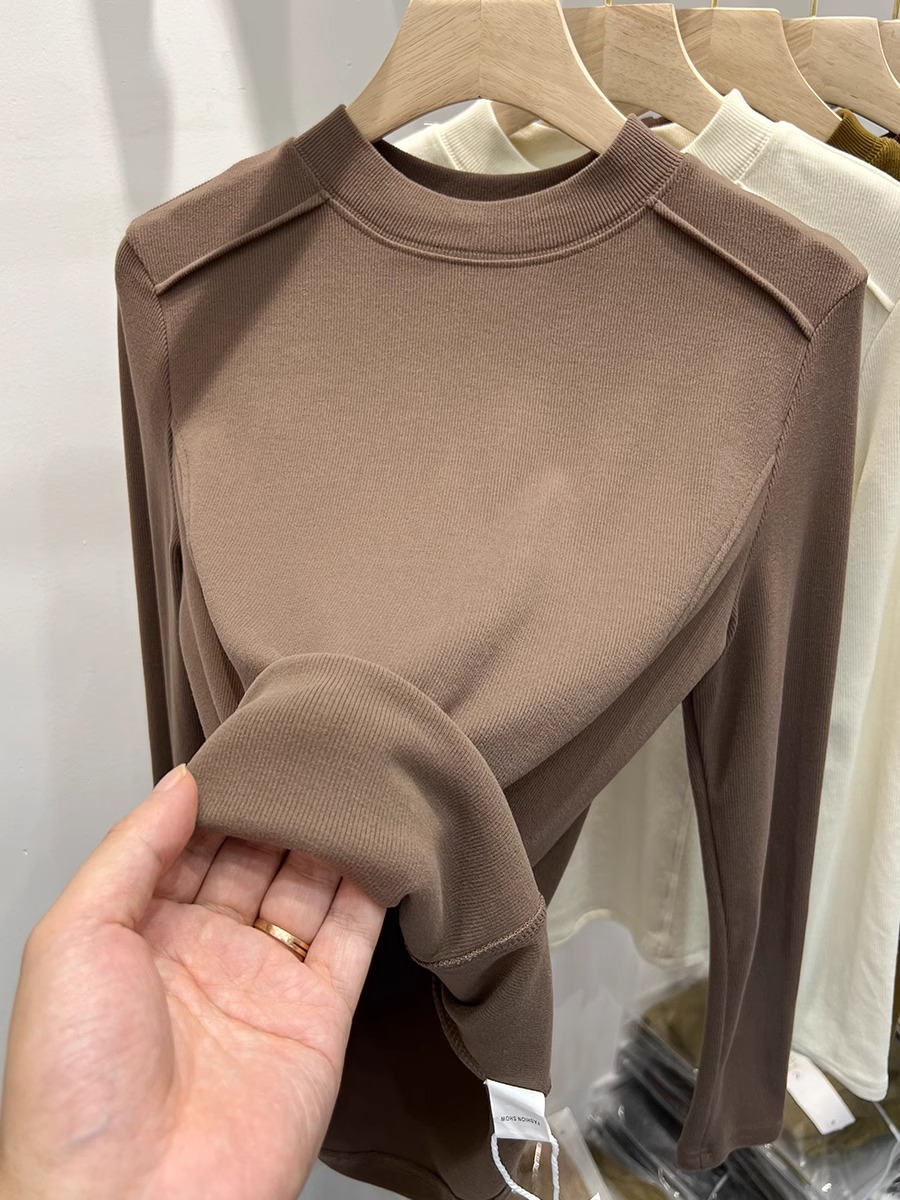 European design brushed threaded long-sleeved T-shirt for women 2023 autumn and winter new style foreign style inner layering shirt with thick top