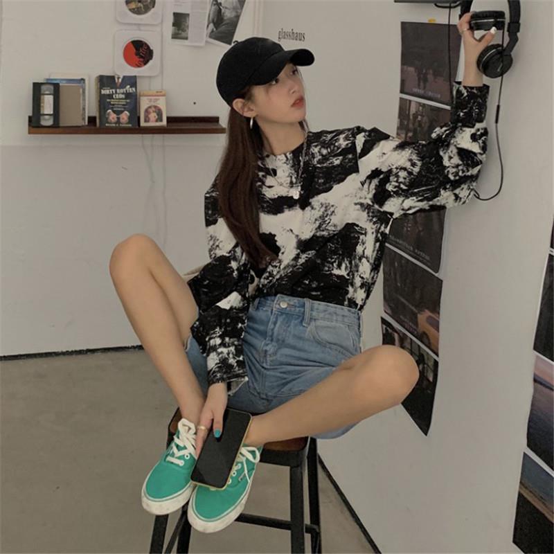 水墨復古印花圓領襯衫上衣女2023新款春秋寬鬆長袖襯衣潮