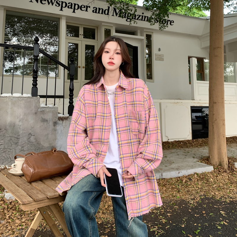實拍美式復古百搭格子長袖襯衫外套女季寬鬆襯衣休閒上衣