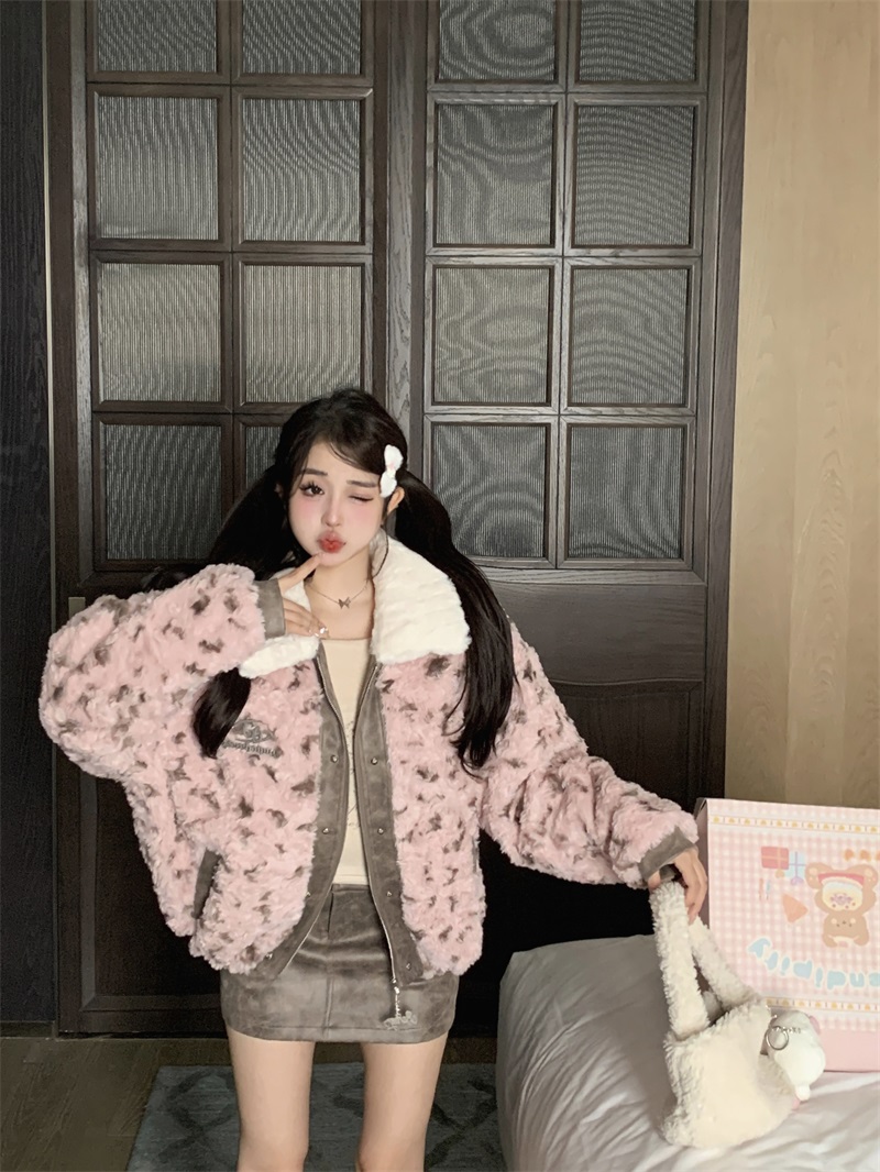 實拍甜豹預警 秋冬季粉色碎花翻領拉鏈寬鬆毛呢大衣外套裝女