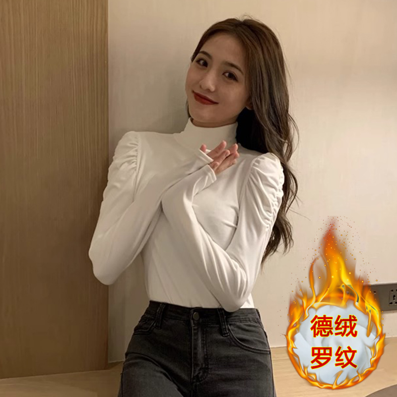 官圖 加厚德絨半高領內搭打底衫女修身小眾泡泡袖長袖t恤上衣