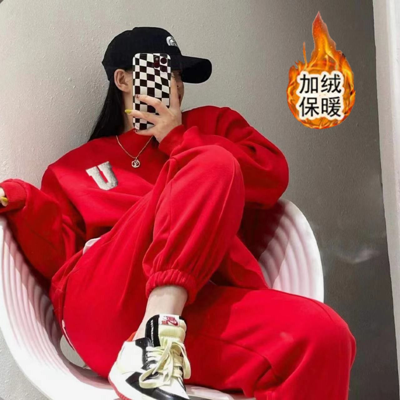 加絨加厚休閒時尚運動套裝女秋冬季新款寬鬆衛衣長褲兩件套