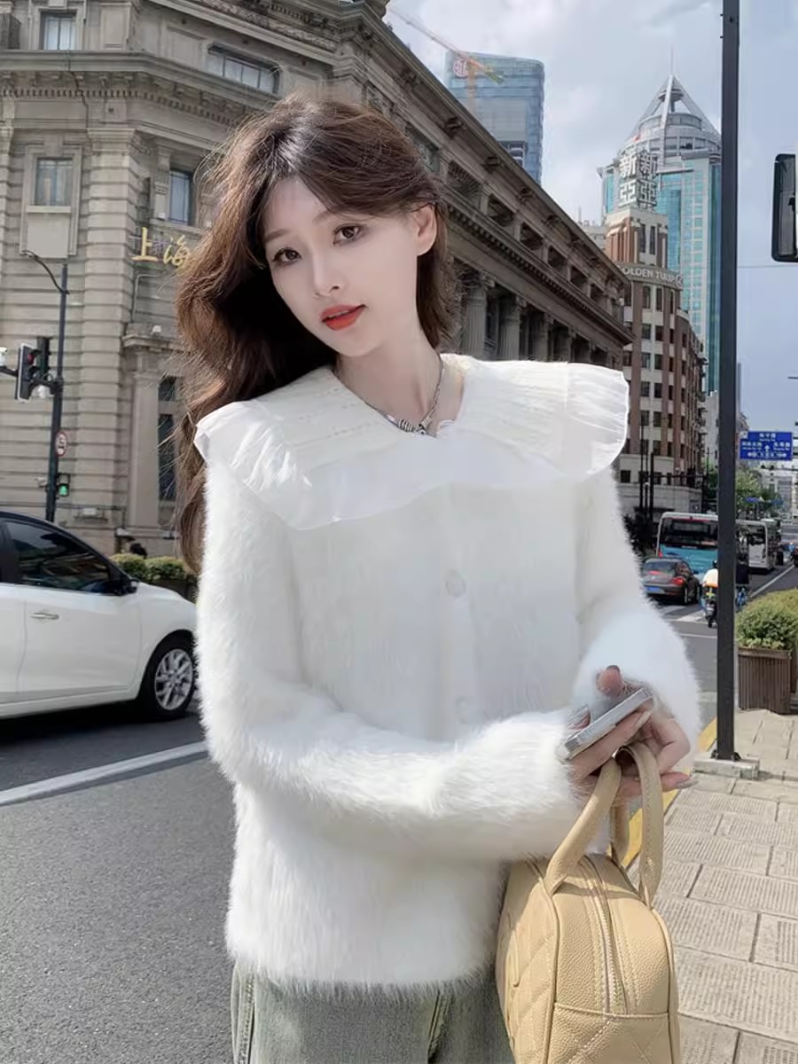 水貂絨毛衣開衫女秋冬2023新款外穿高級感氣質娃娃領毛毛外套