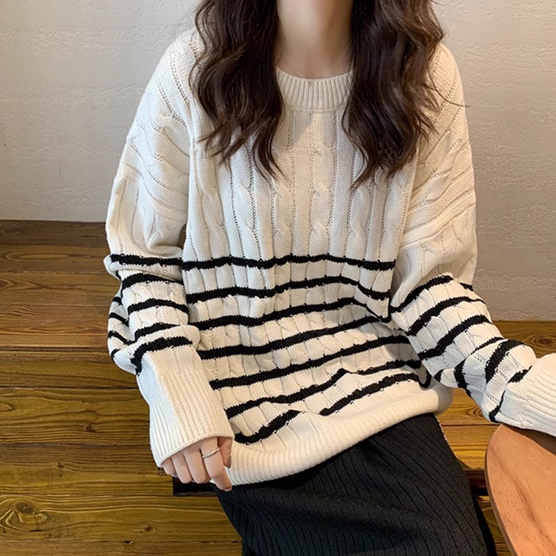 麻花毛衣女寬鬆外穿2023年春秋新款慵懶風中長款黑白條紋針織衫潮