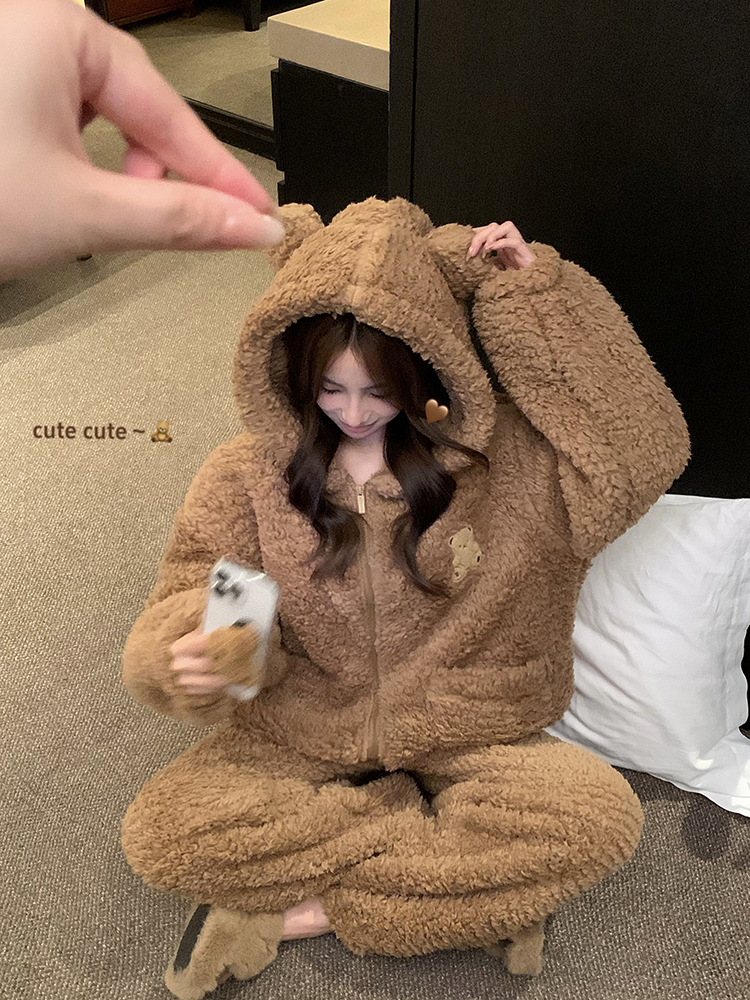實拍 情侶睡衣女冬季可愛熊熊兩件套珊瑚絨加厚保暖家居服男