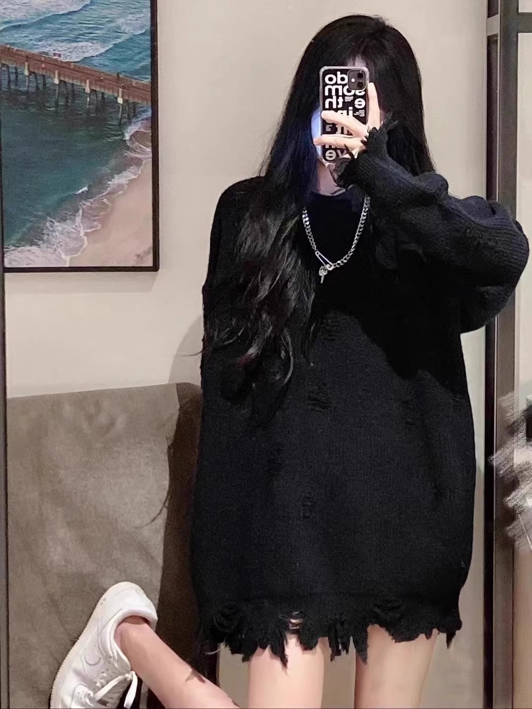 黑色秋冬毛衣女2023新款寬鬆慵懶風百搭破洞設計感小眾毛邊針織衫