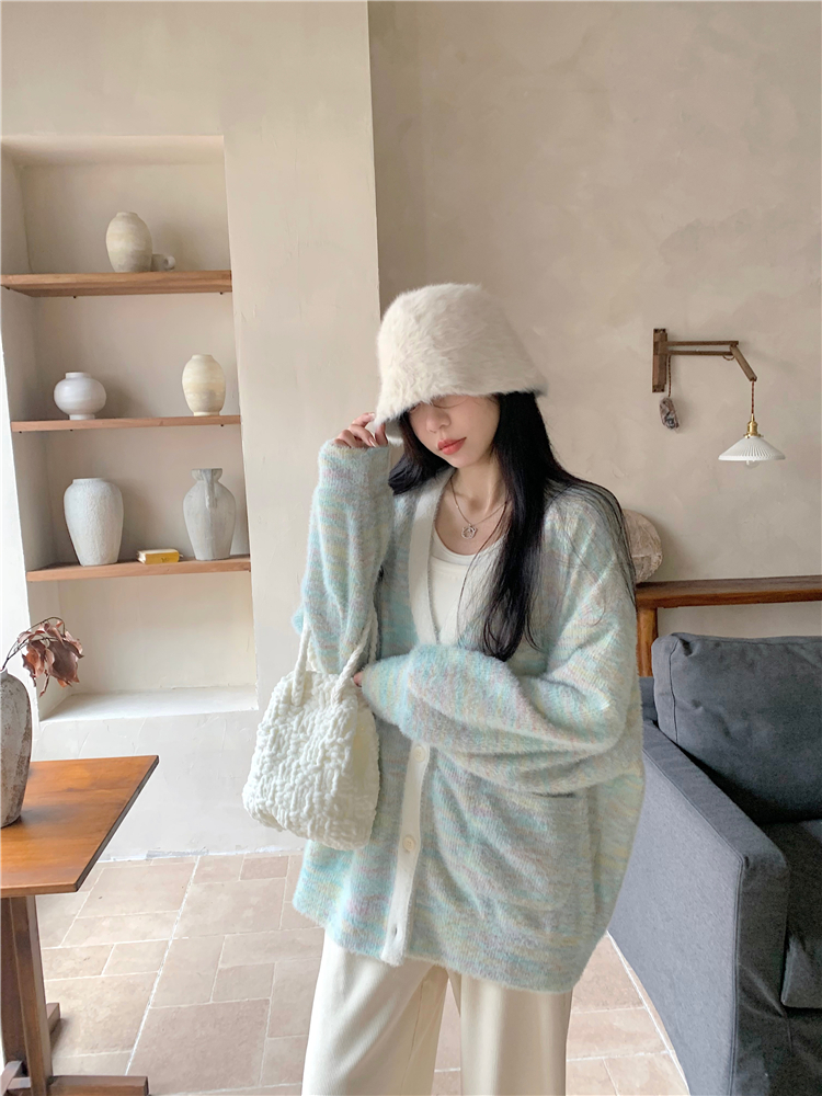 實拍~撞色長袖衛衣開衫外套女V領寬鬆上衣