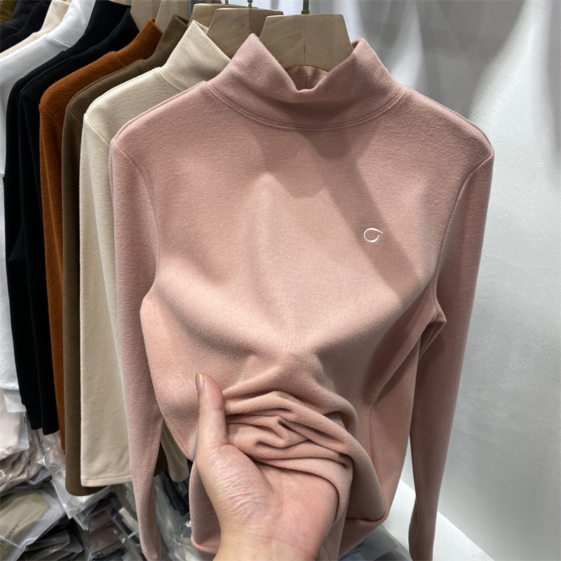 雙面德絨磨毛刺繡半高領上衣女2023秋冬季新款歐貨加厚內搭打底衫