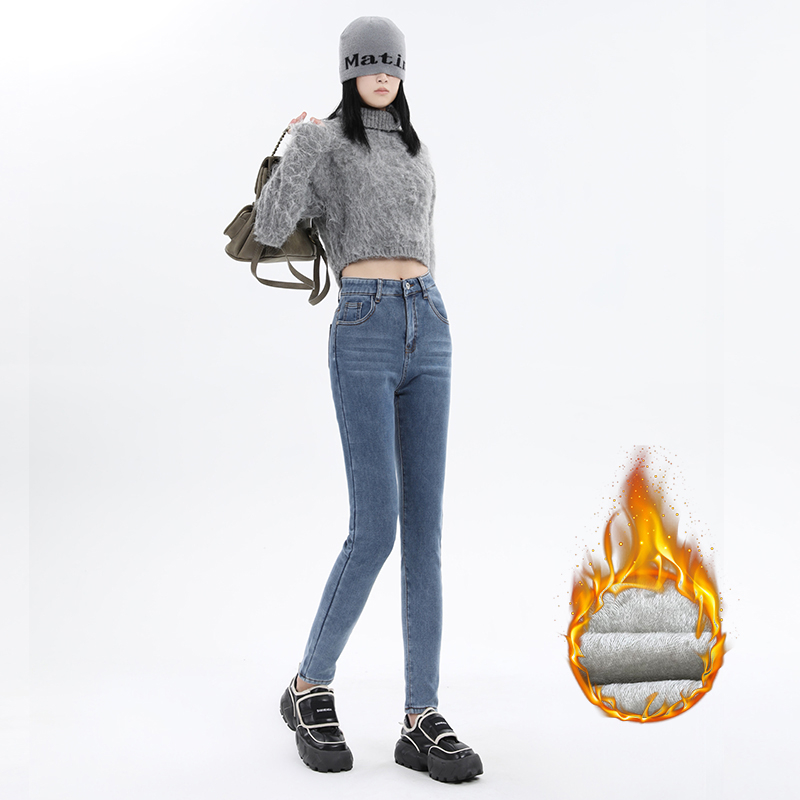 高品質復古藍牛仔褲女2023冬季新款顯瘦彈力緊身提臀加絨小腳褲