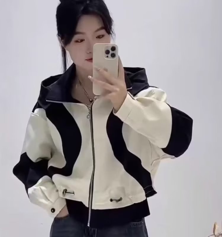European and Korean fashion high-end color-blocked hooded jacket for women 2023 autumn new short design jacket trendy