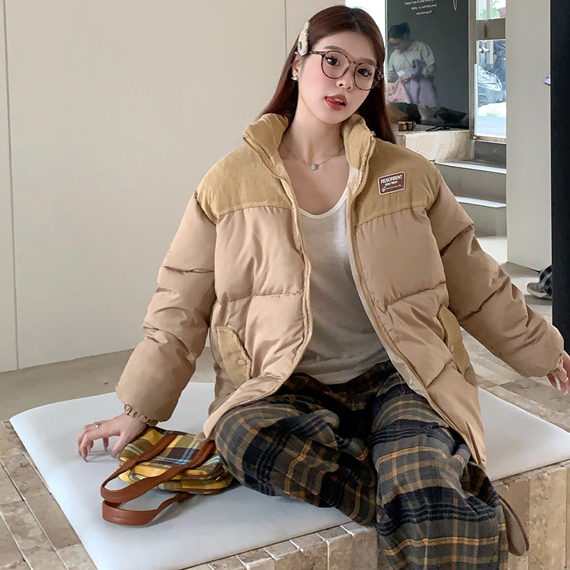 實拍~燈芯絨拼接棉服外套秋冬季新款麵包服寬鬆顯瘦長袖上衣