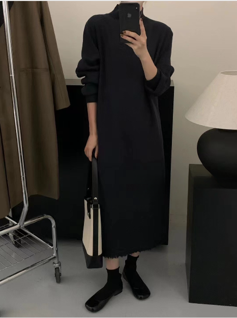韓代流蘇針織連衣裙女秋冬慵懶寬鬆中長款過膝毛衣裙打底長裙內搭