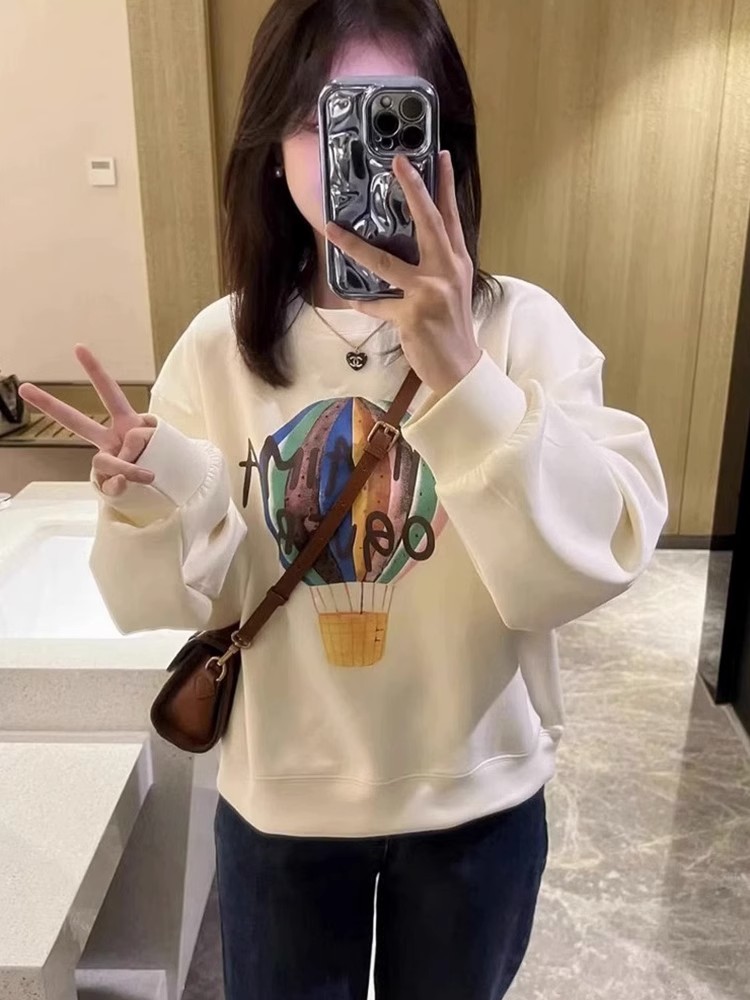 熱氣球印花杏色圓領加絨衛衣女2023秋季新款韓版高級感休閒上衣潮