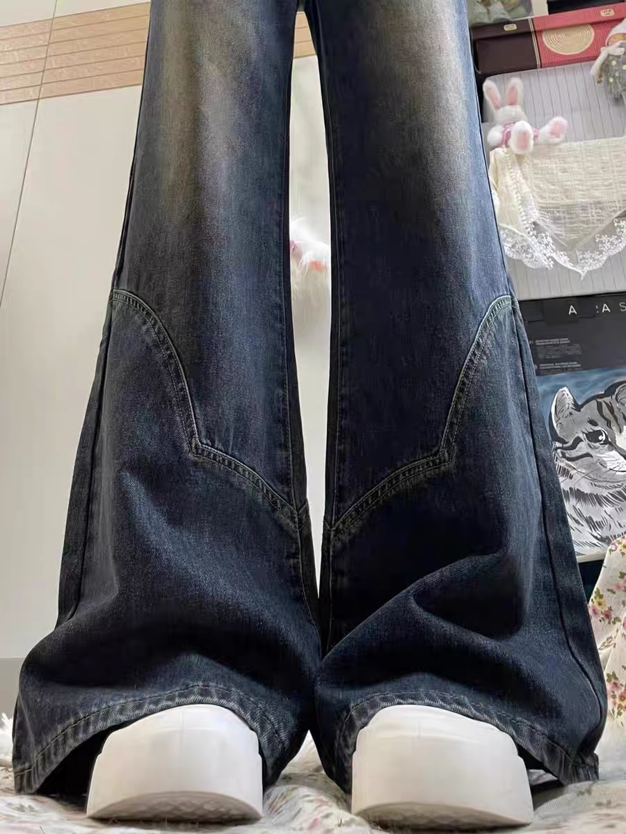 大碼 水泥灰高腰闊腿牛仔褲顯瘦寬鬆設計感直筒微喇拖地褲子