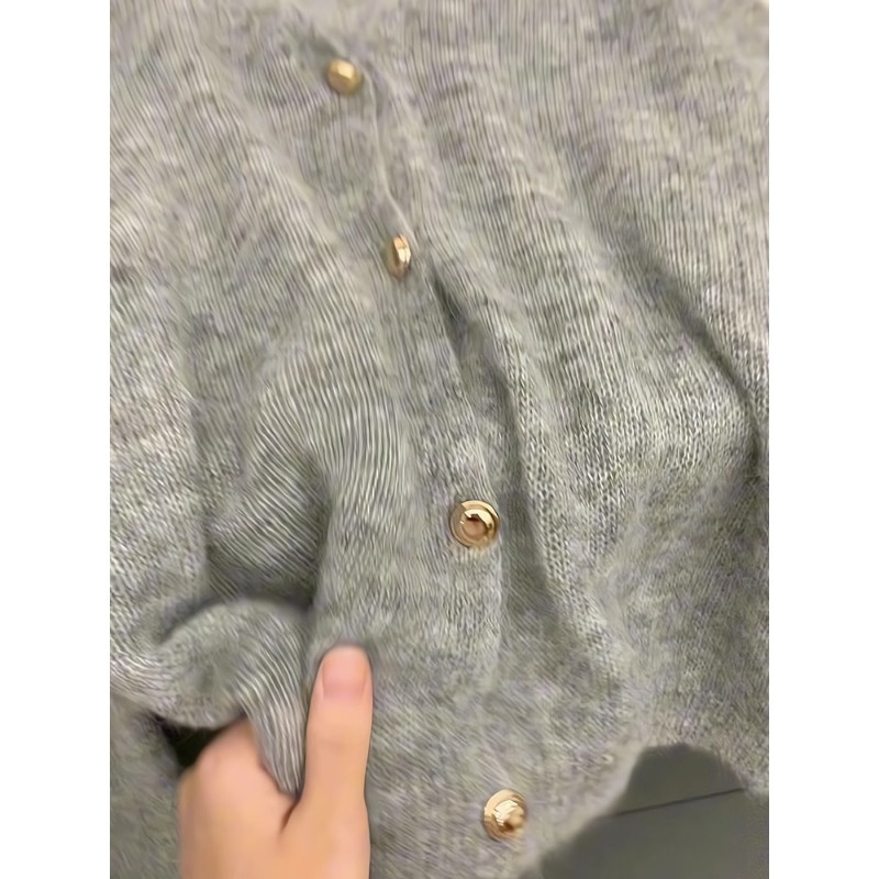 灰色v領針織衫開衫女春秋復古馬海毛軟糯慵懶風罩衫長袖毛衣外套