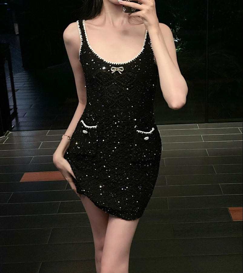 小香風重工滿天星水晶珠片修身性感氣質吊帶連衣裙女