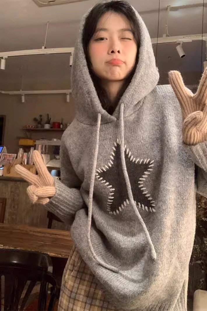 奶呼呼！慵懶風復古星星連帽套頭毛衣女秋冬新款寬鬆韓版長袖針織