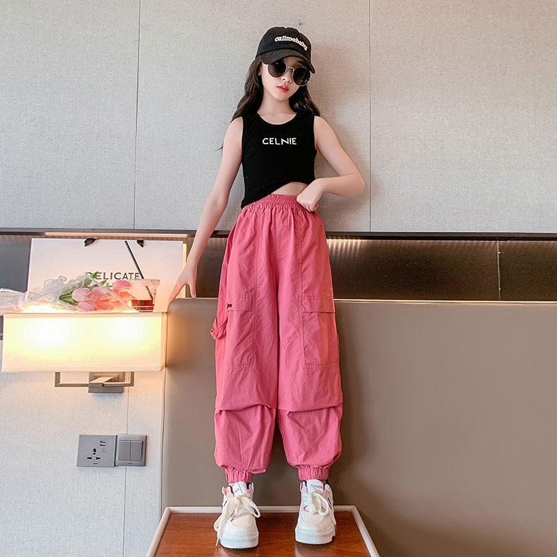 女童休閒褲夏季薄款2023新款中大童寬鬆工裝褲兒童裝初秋長褲子潮