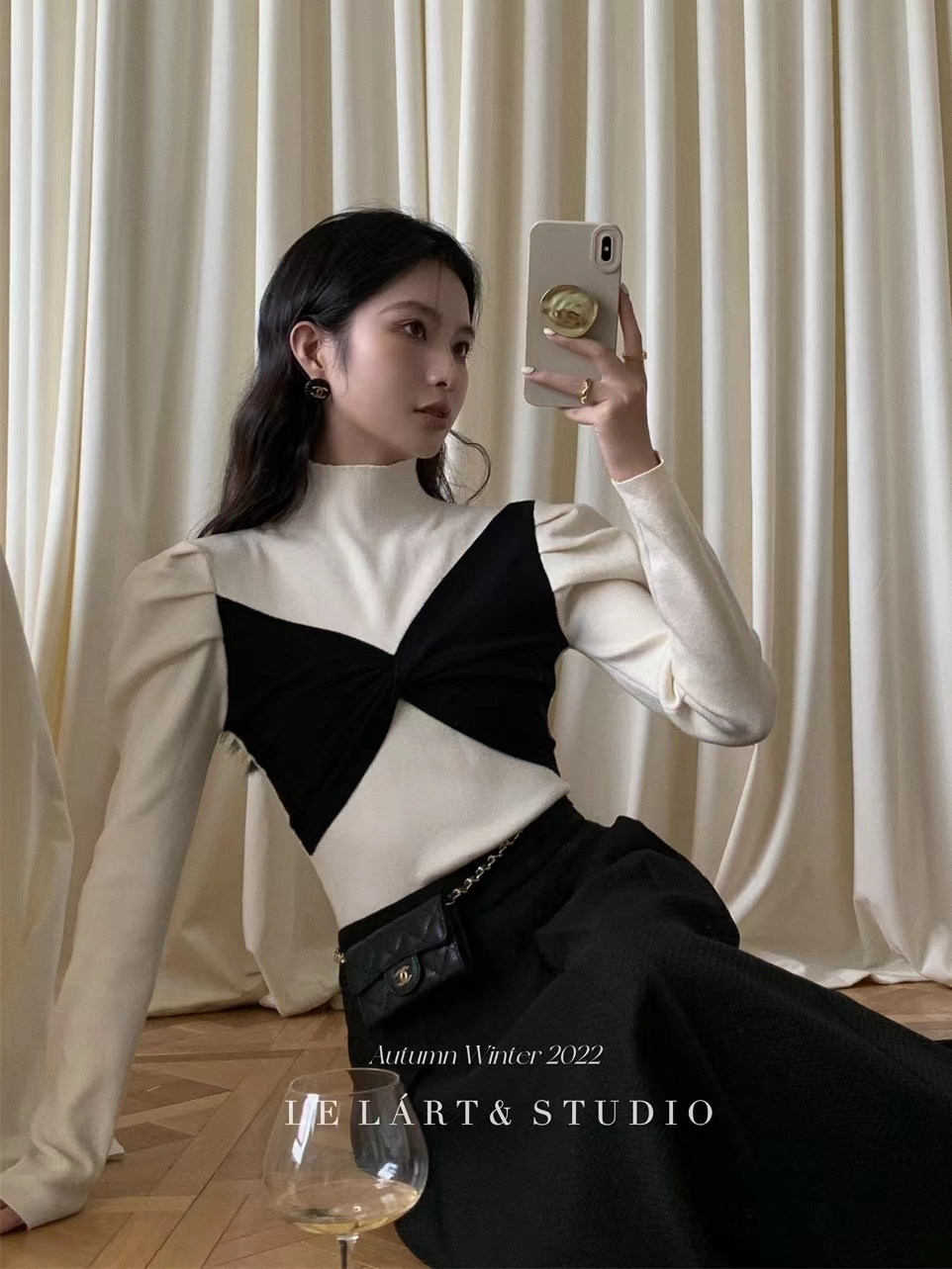 LE LART原創設計感法式赫本風拼色半高領保暖泡泡袖修身針織衫女