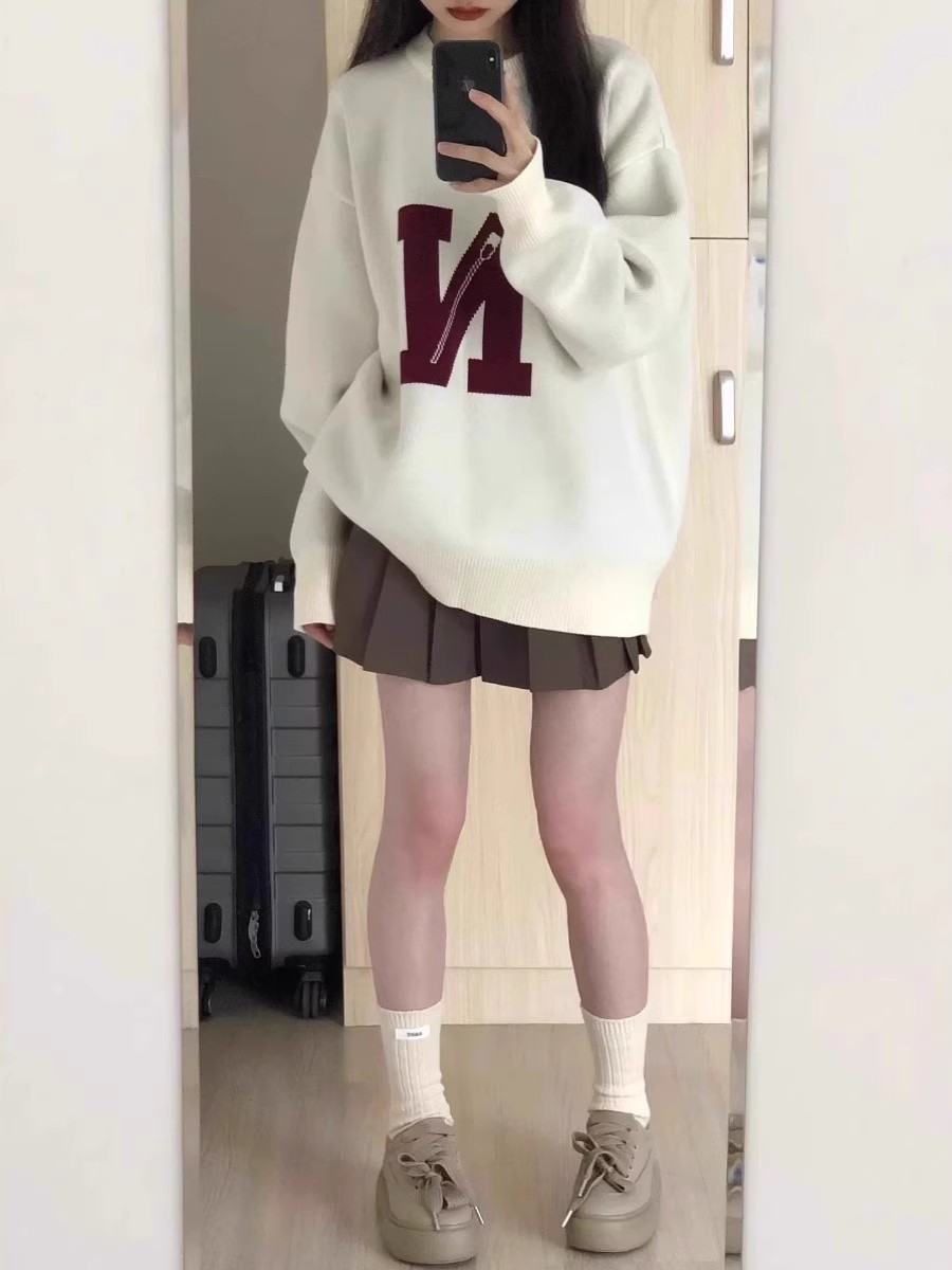 美式學園風毛衣女慵懶風秋冬字母提花寬鬆針織衫oversize軟糯上衣