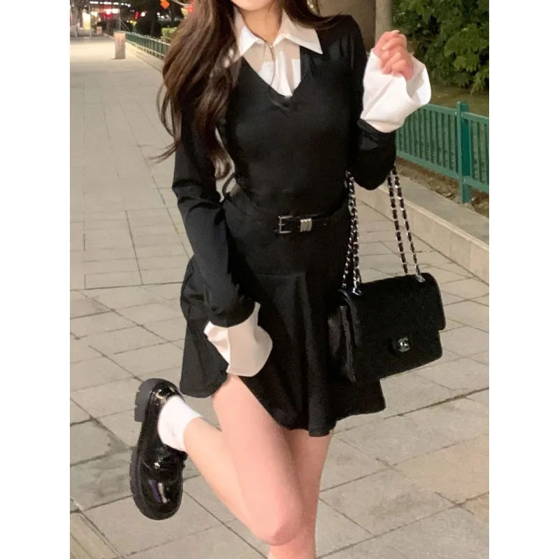 春秋季新款辣妹黑色長袖假兩件連衣裙女收腰顯瘦設計感中長款裙子