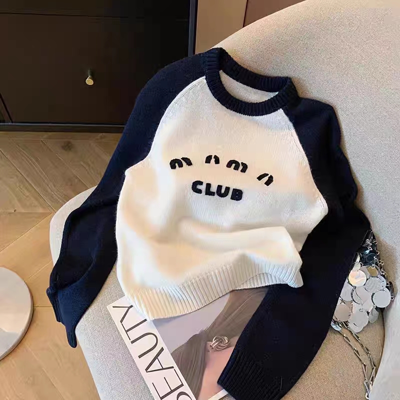 黑白拼色字母刺繡套頭針織衫女2023早秋新款軟糯百搭復古休閒毛衣