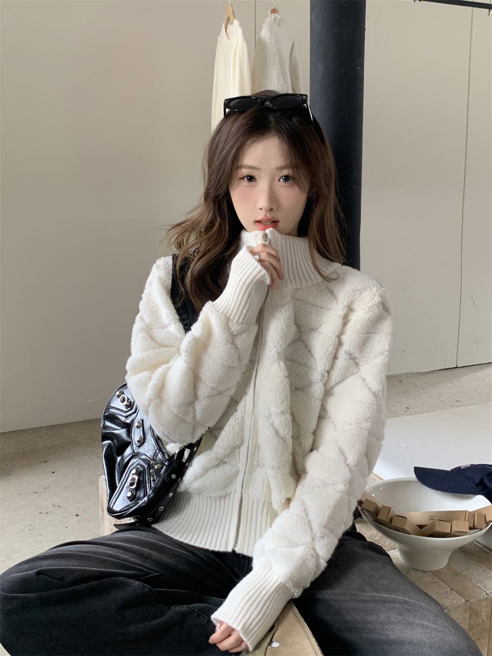 實拍~新款白色軟糯風毛衣女寬鬆慵懶風溫柔風短款開衫外套