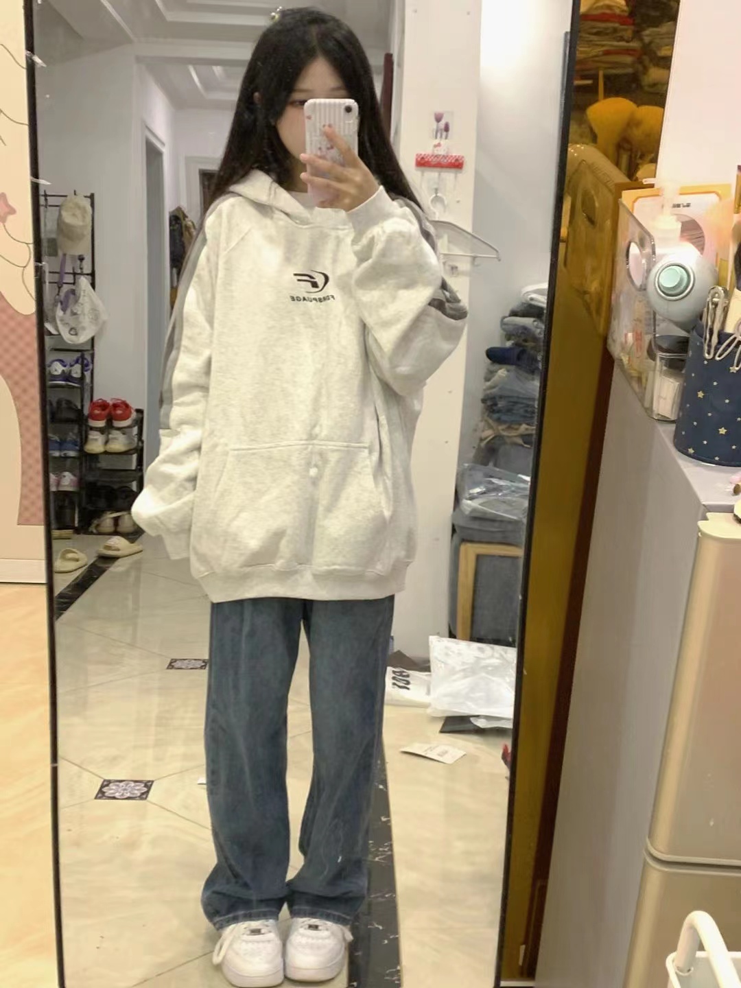 食毛華棉複合牛奶絲300克銀狐絨400克前 印花拼接條槓連帽衛衣女